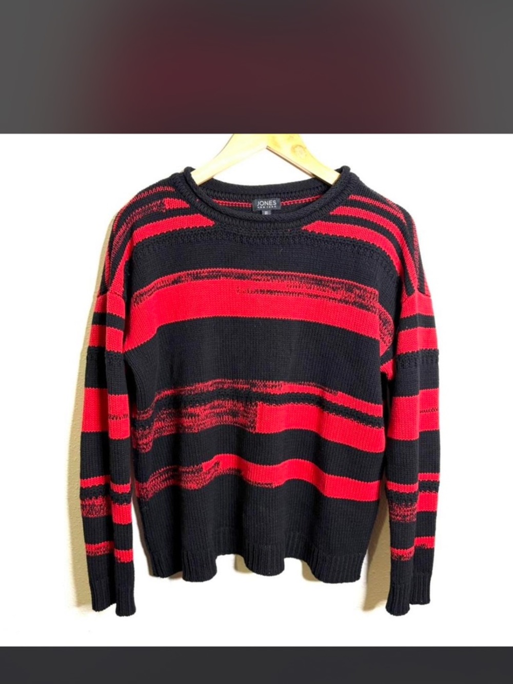 Vintage 90s cotton Jones New York Black Red Striped Crewneck Sweater colorblock